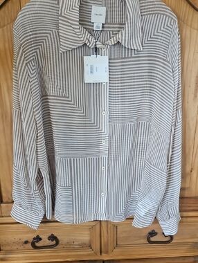 Calvin Klein Beige and White Striped Button-Front Shirt